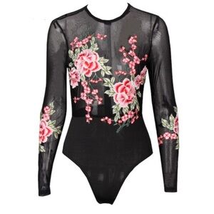 Banjul Black Bodysuit with Pink Floral Embroidery